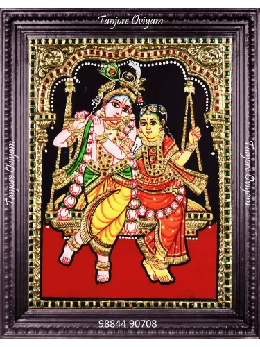Unjal Radhakrishna Tanjore painting with flute pose, gold and traditional swing design